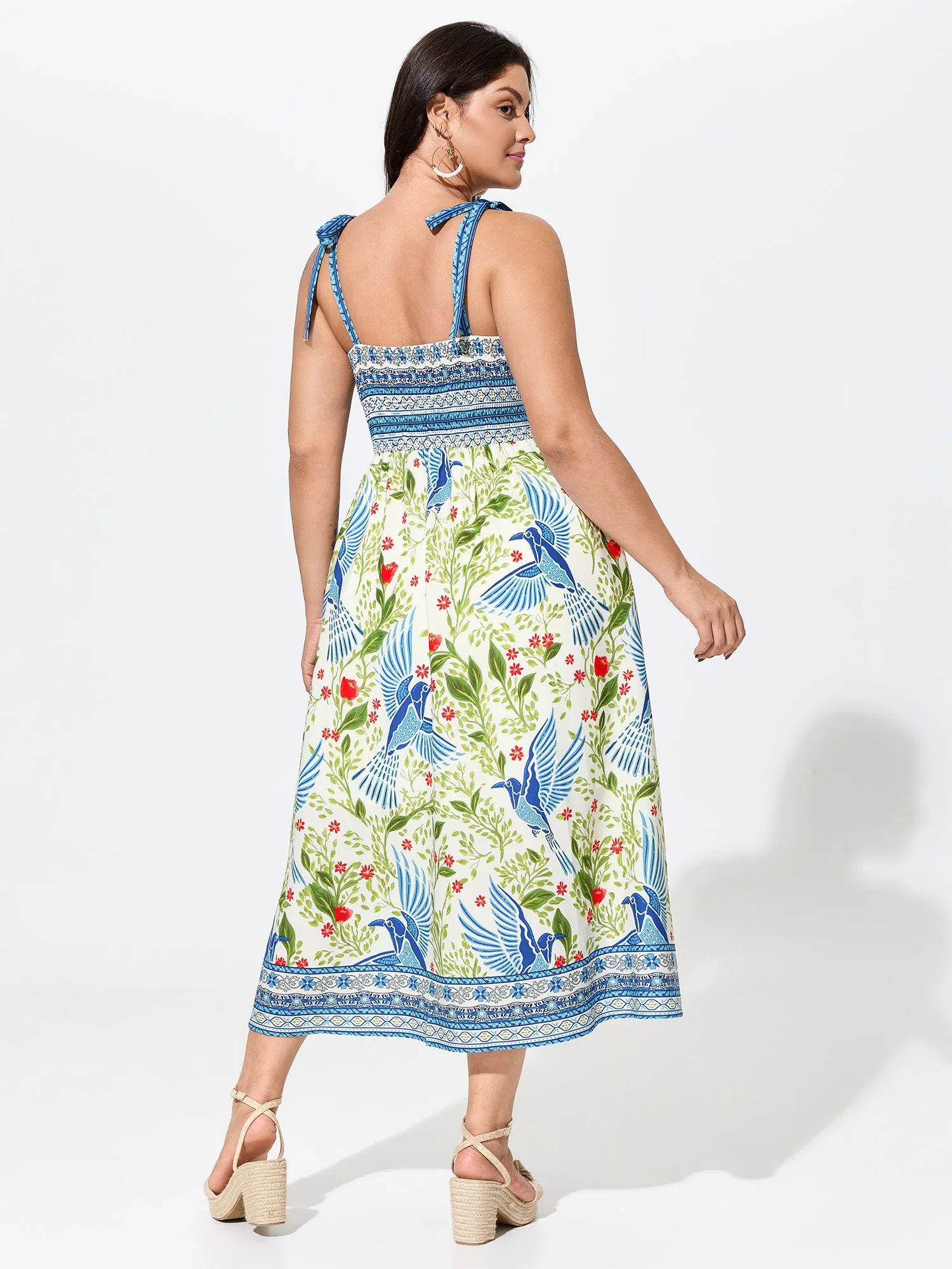 Floral Print Shirred Shoulder Tie Maxi Dress sold by Bloomchic product image thumbnail 4