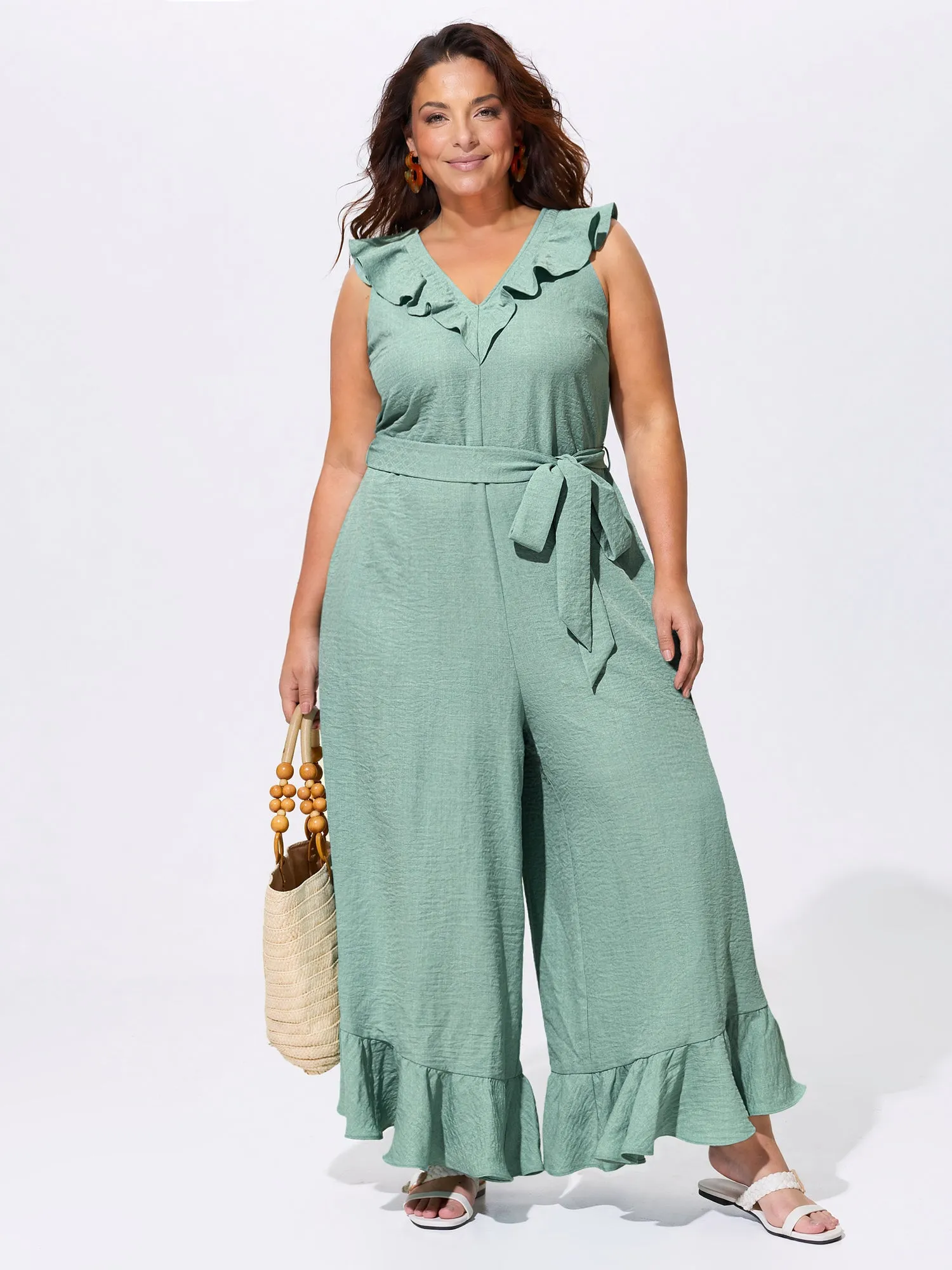 Ruffled Neckline Waist-Tie Wide-Leg Jumpsuit sold by Bloomchic product image thumbnail 3