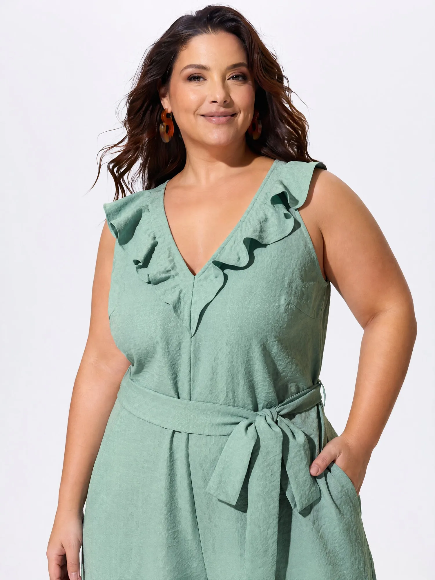 Ruffled Neckline Waist-Tie Wide-Leg Jumpsuit sold by Bloomchic product image thumbnail 2