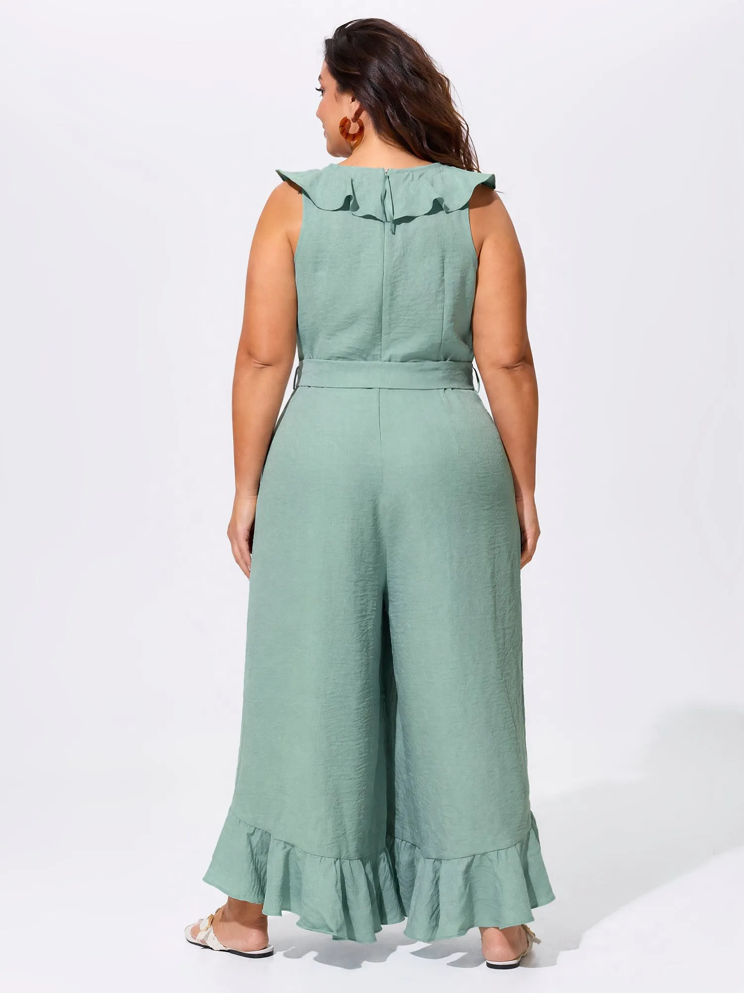 Ruffled Neckline Waist-Tie Wide-Leg Jumpsuit sold by Bloomchic product image thumbnail 5