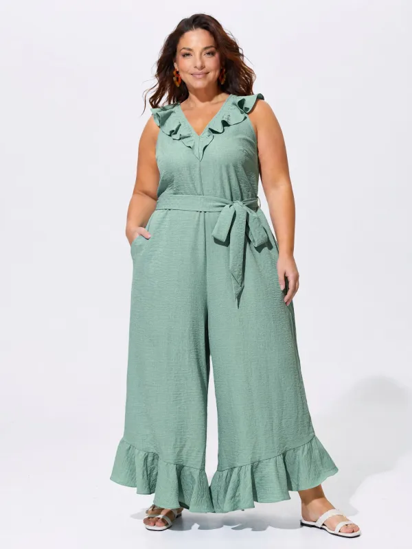 Ruffled Neckline Waist-Tie Wide-Leg Jumpsuit made by Bloomchic