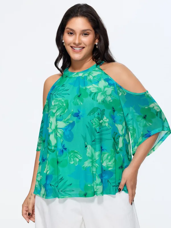 Stretchy Floral Print Cold-Shoulder Blouse made by Bloomchic