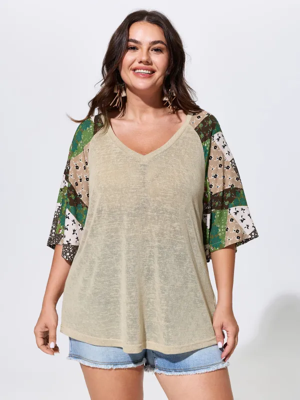 Stretchy Floral Print Raglan Sleeve Knit Top made by Bloomchic