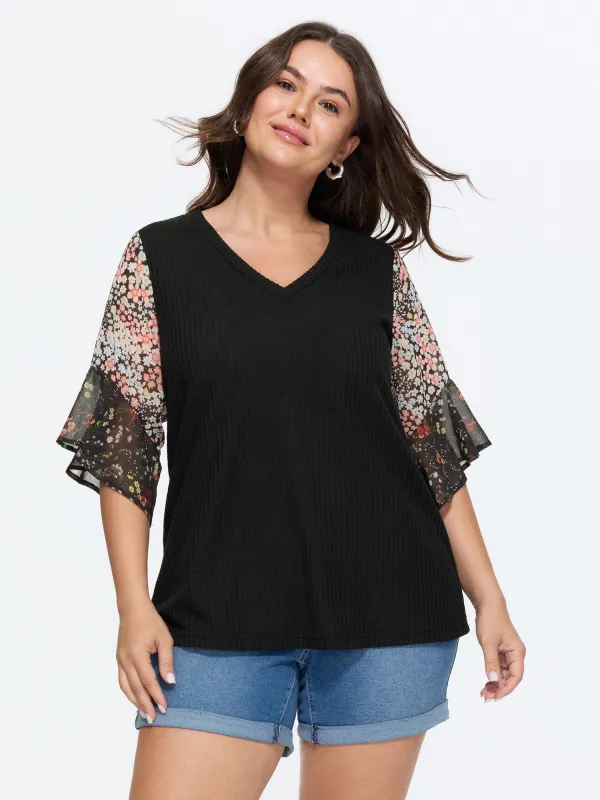 Stretchy Floral Print Ruffled Knit Top made by Bloomchic