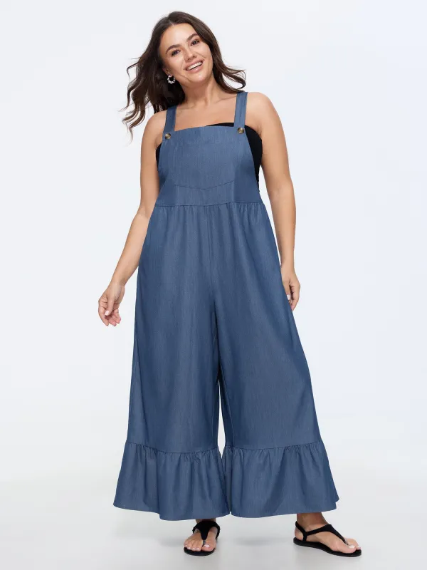 Overall Straps Ruffled Hem Pockets Faux Denim Jumpsuit made by Bloomchic