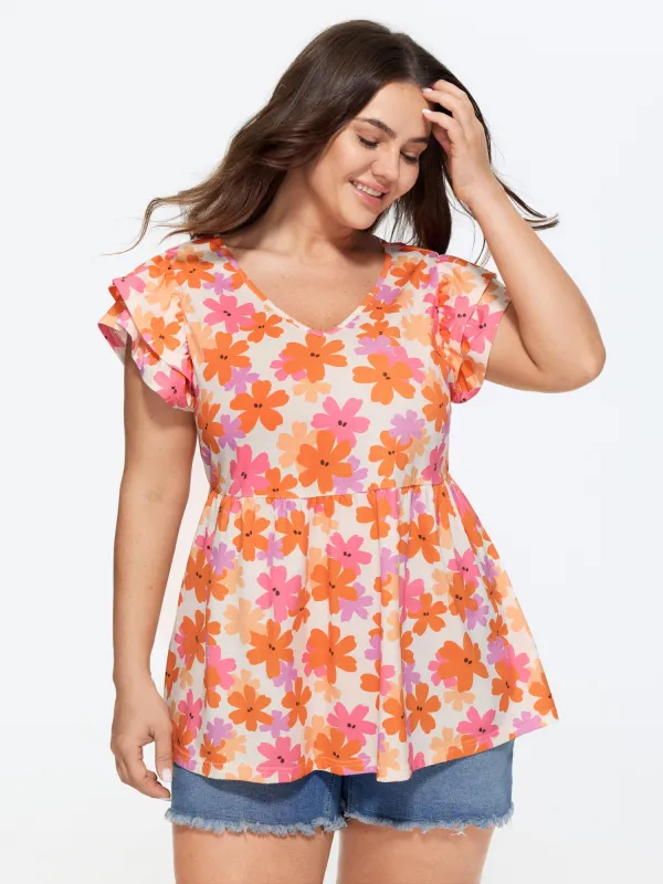 Stretchy Floral Print Ruffled Sleeve Knit Top made by Bloomchic
