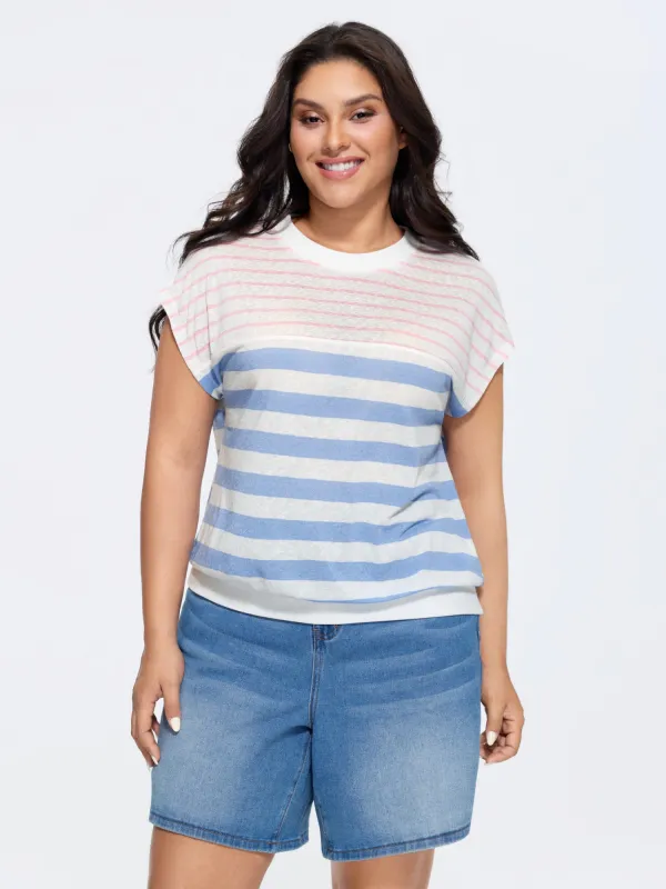 Stretchy Striped Print Mock Neck T-Shirt made by Bloomchic