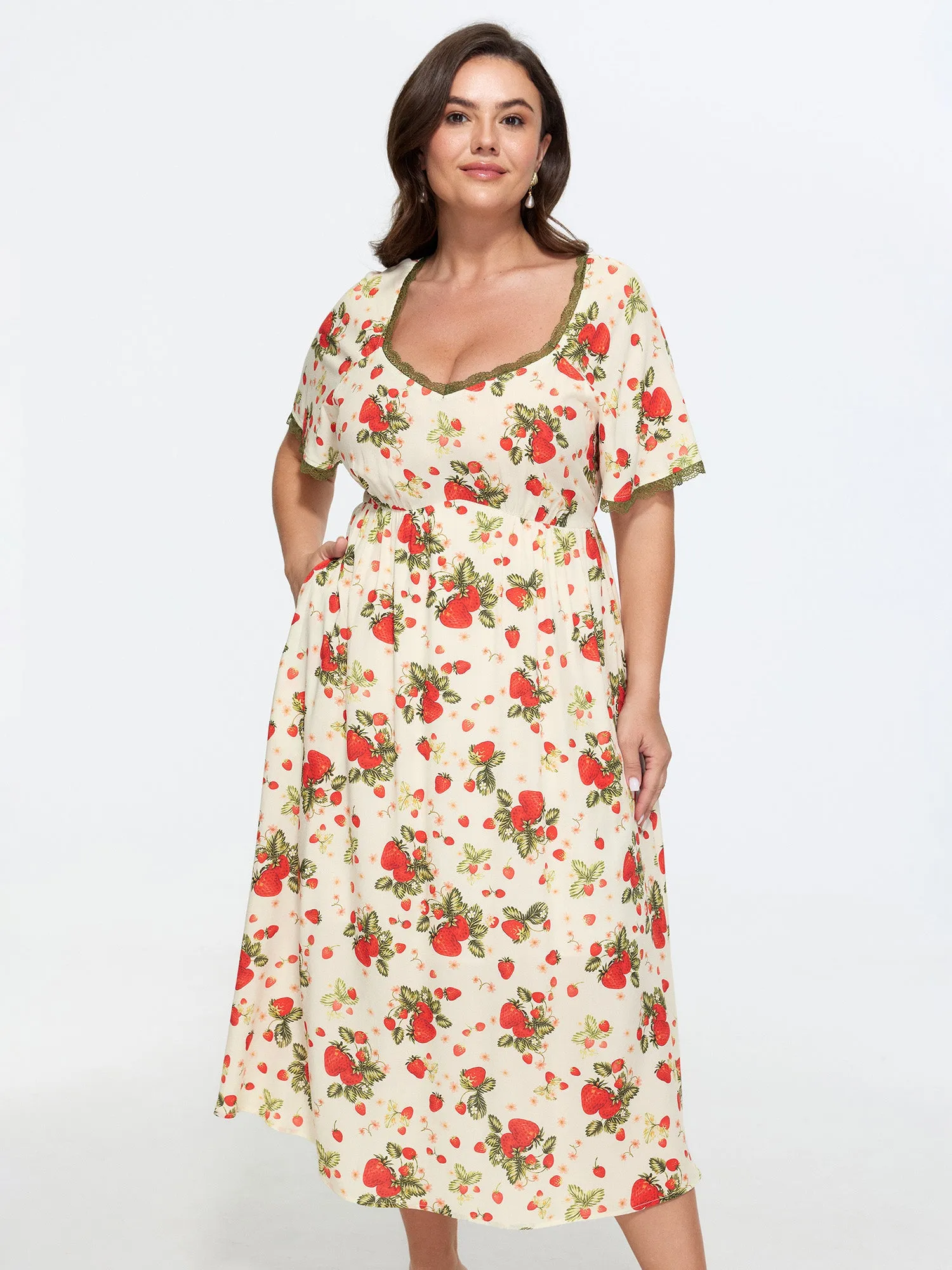 Strawberry Print Lace Detail Pockets Midi Dress sold by Bloomchic product image thumbnail 3