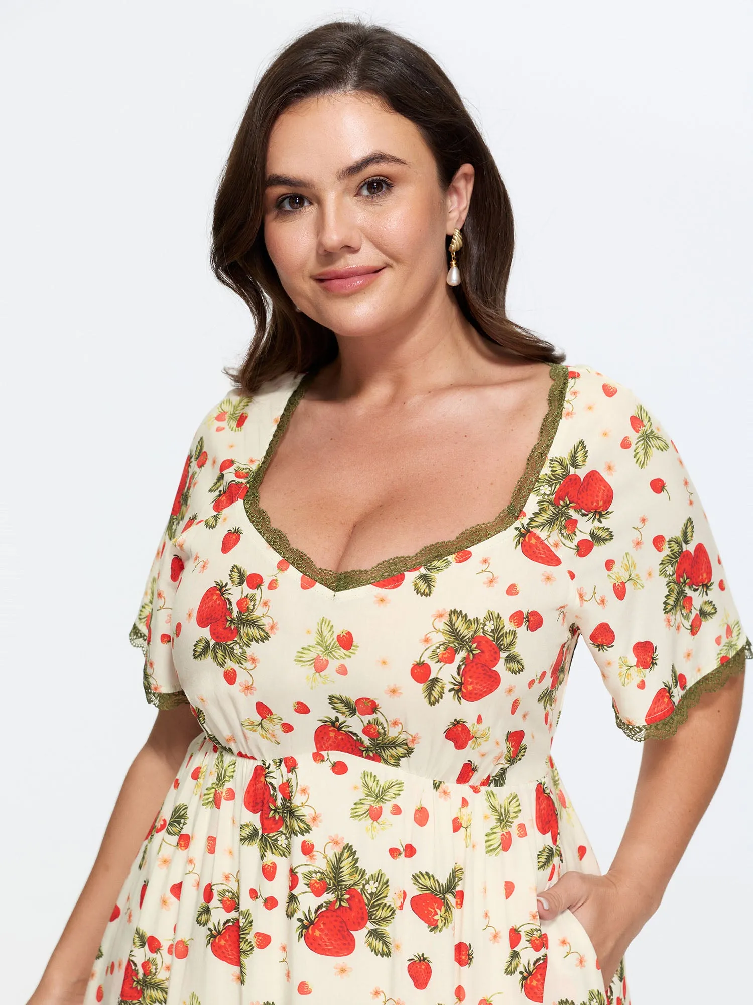 Strawberry Print Lace Detail Pockets Midi Dress sold by Bloomchic product image thumbnail 2
