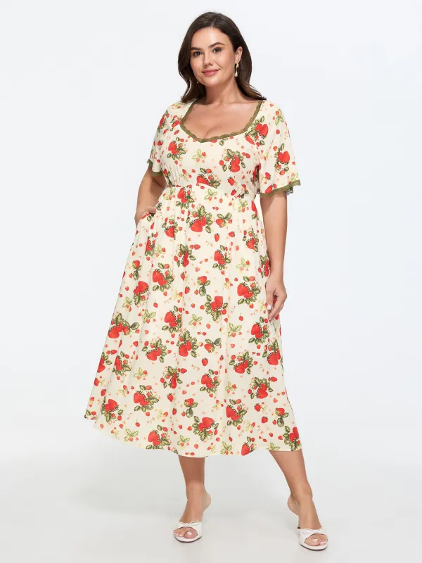 Strawberry Print Lace Detail Pockets Midi Dress made by Bloomchic