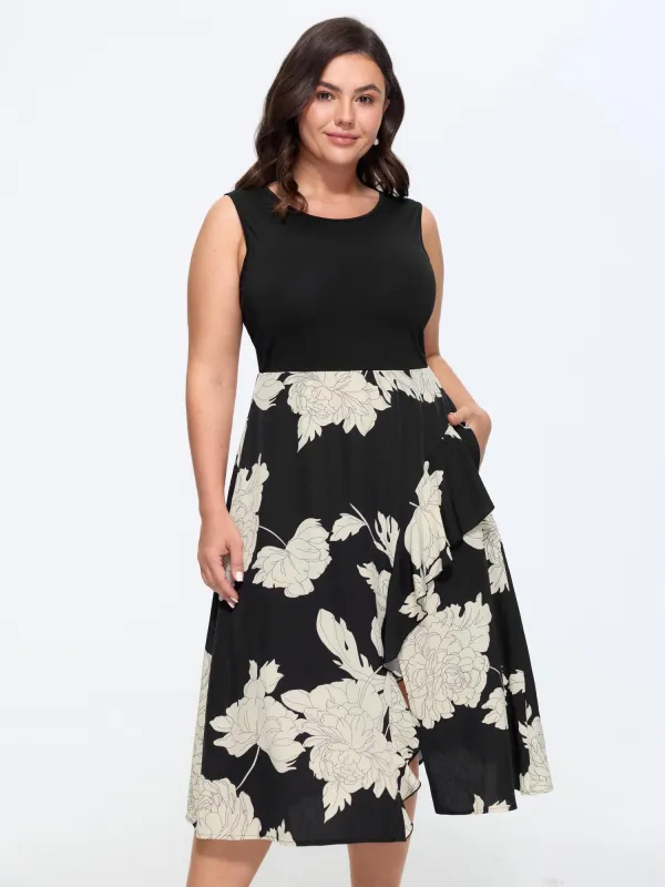 Floral Print Color Contrast Sleeveless Midi Dress made by Bloomchic