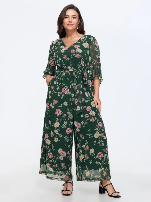 Floral Print Stretchy Waist Drawstring Jumpsuit made by Bloomchic
