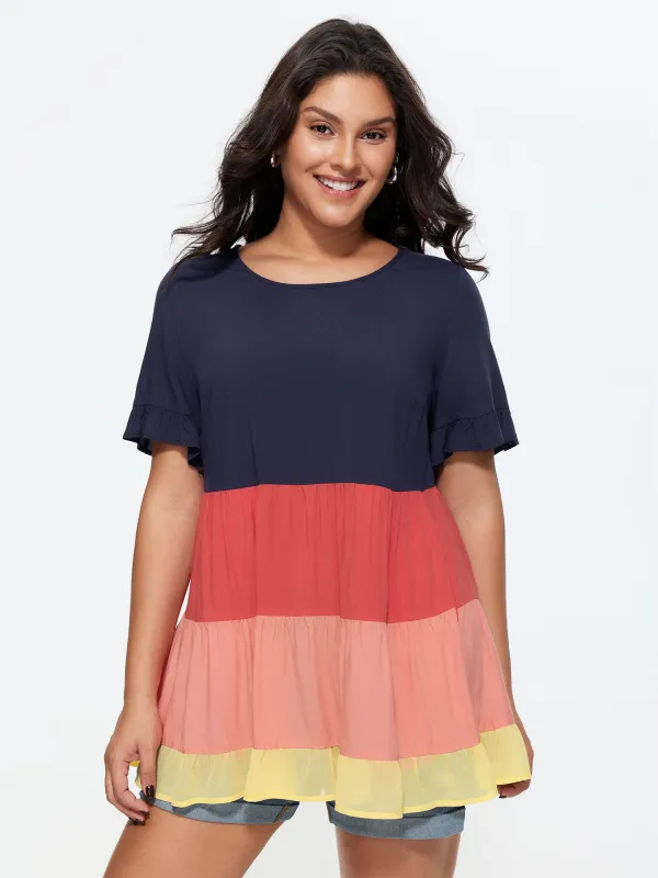Colorblock Tiered Round Neck Top made by Bloomchic