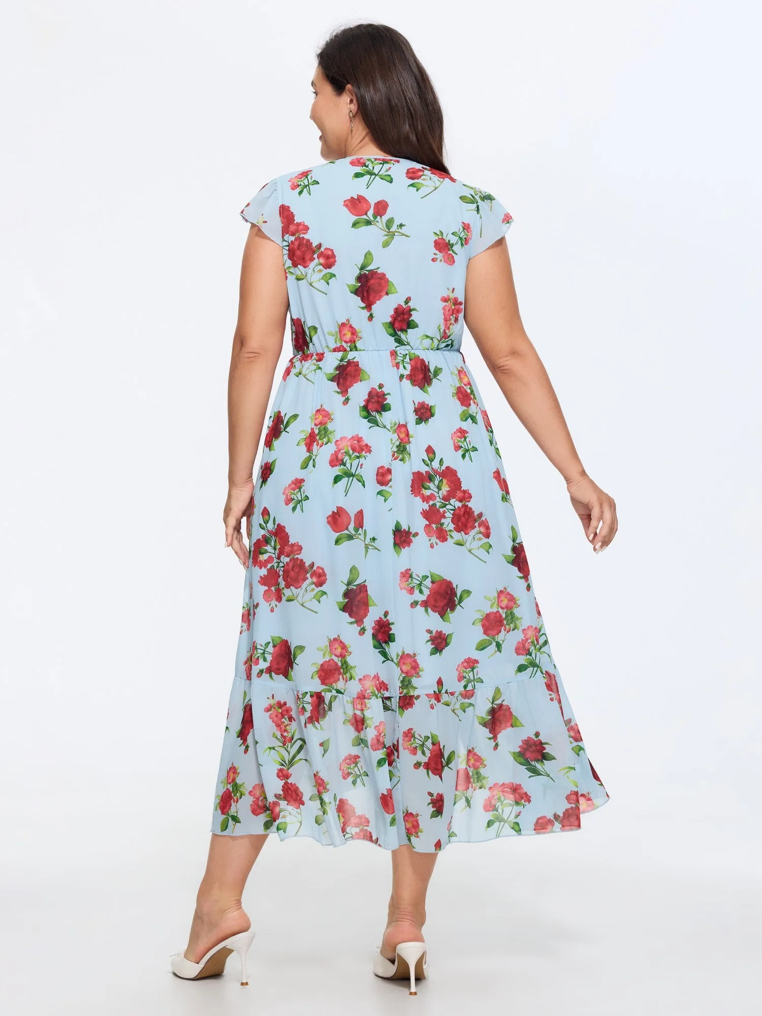 Floral Print Ruffled Neckline Flowy Midi Dress sold by Bloomchic product image thumbnail 4