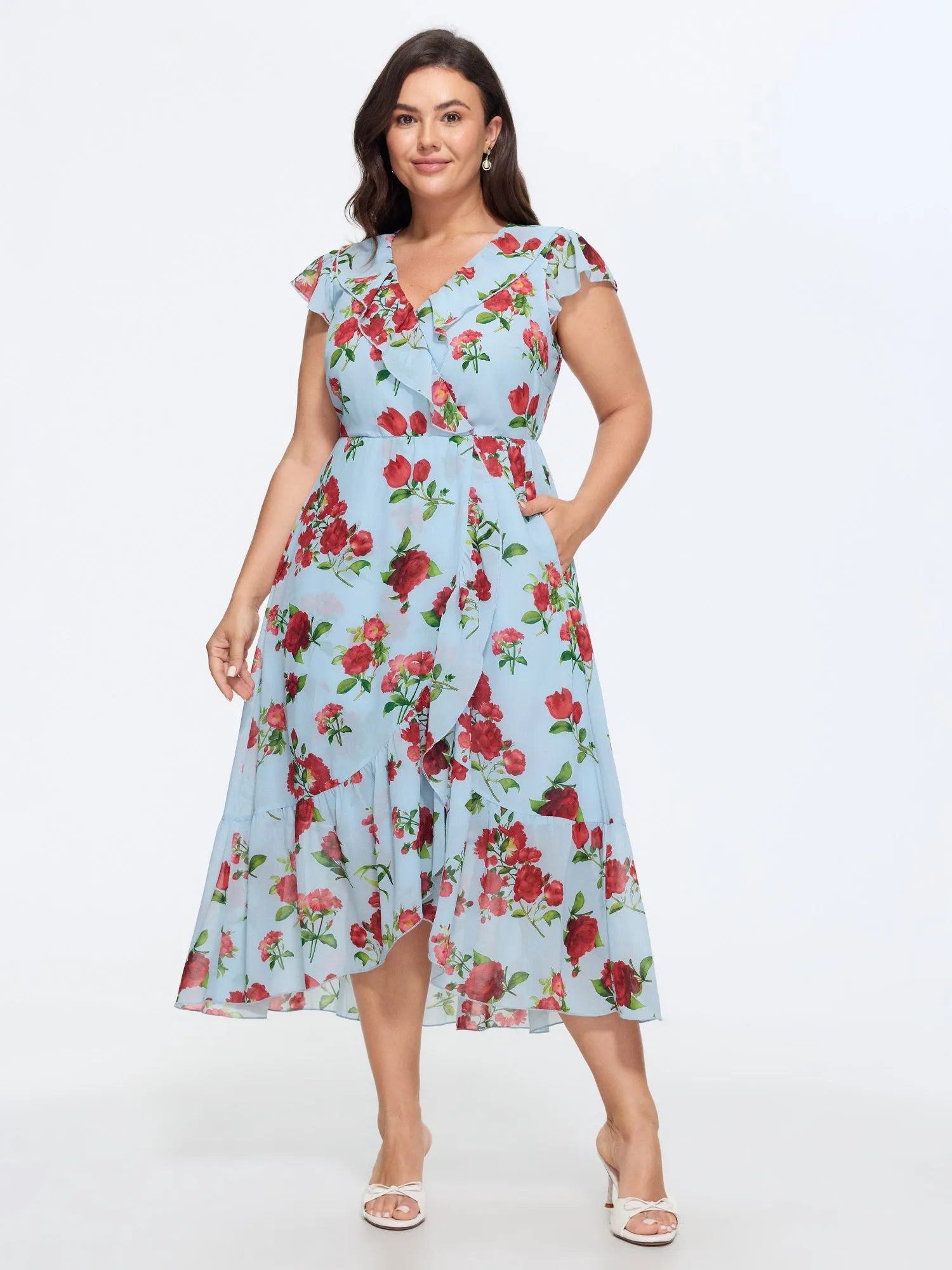 Floral Print Ruffled Neckline Flowy Midi Dress sold by Bloomchic