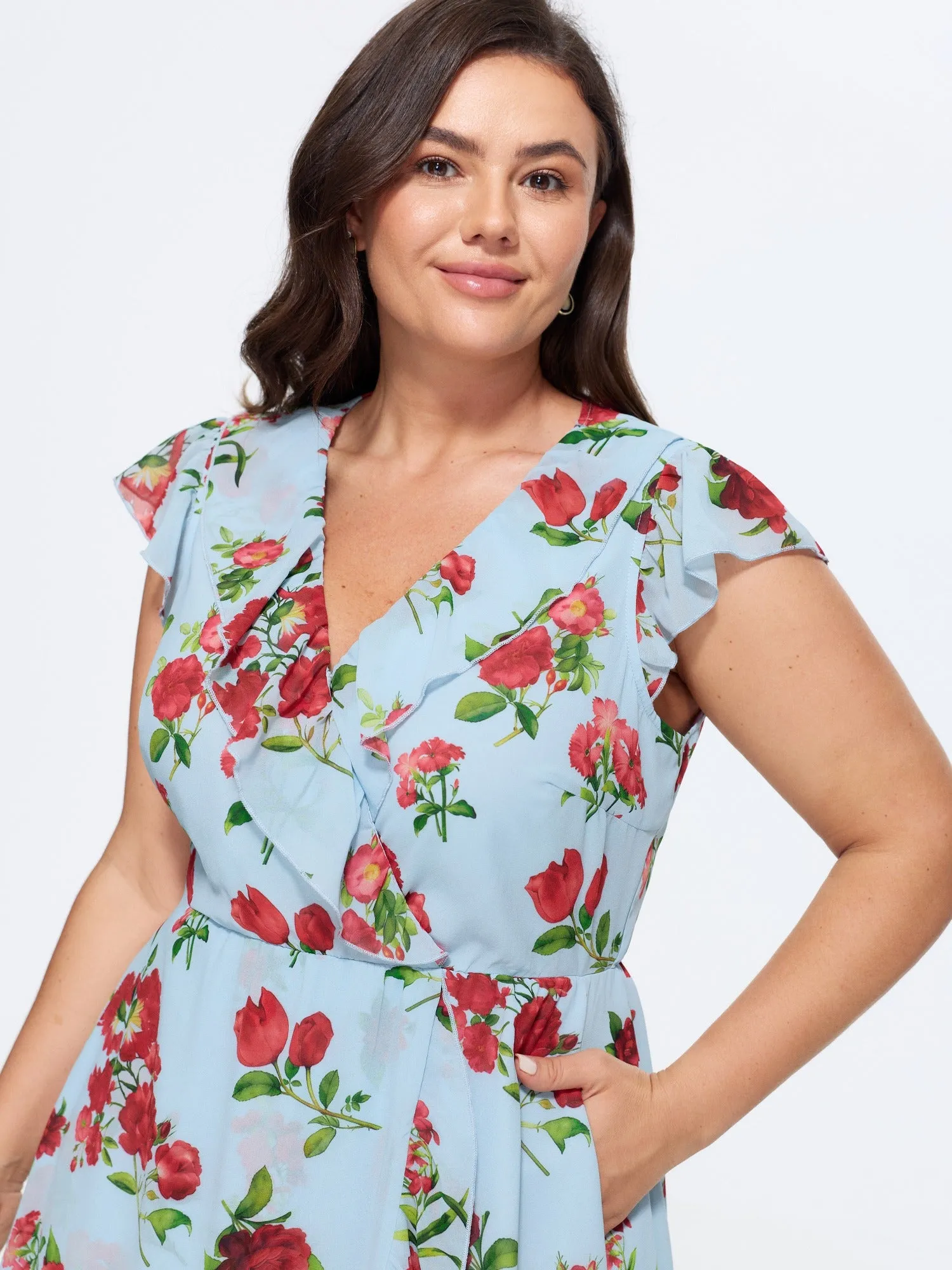 Floral Print Ruffled Neckline Flowy Midi Dress sold by Bloomchic product image thumbnail 2