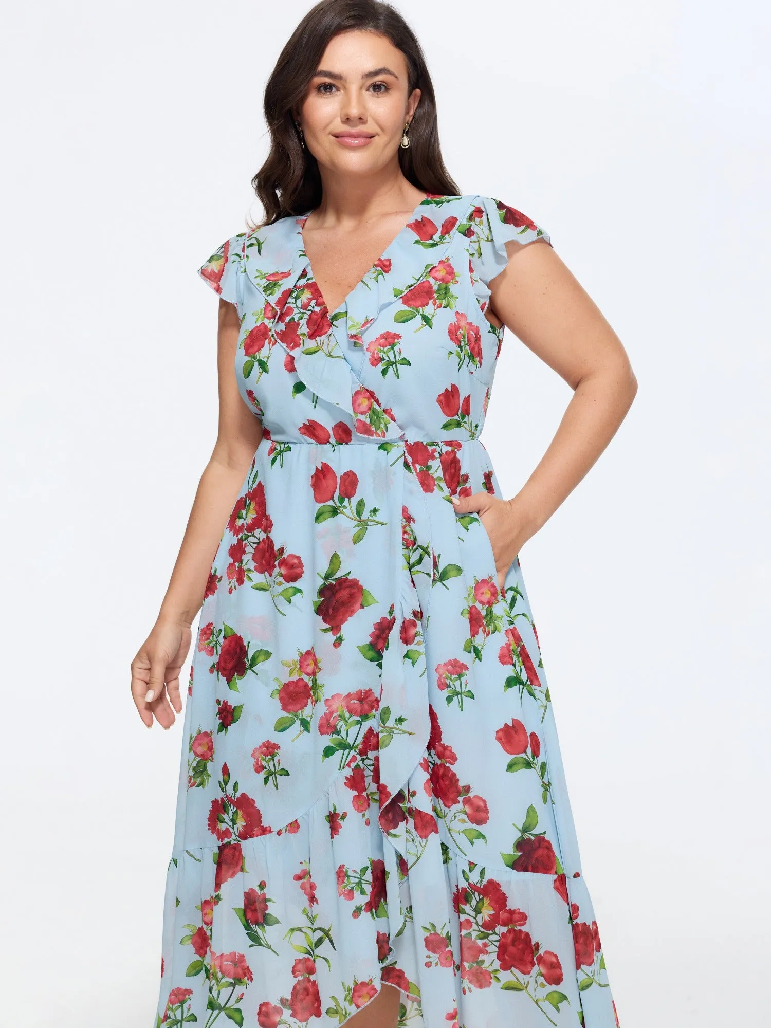 Floral Print Ruffled Neckline Flowy Midi Dress sold by Bloomchic product image thumbnail 3