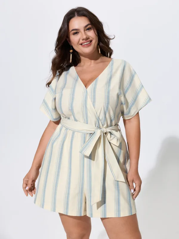Striped Print Stretchy Waist-Tie Romper made by Bloomchic