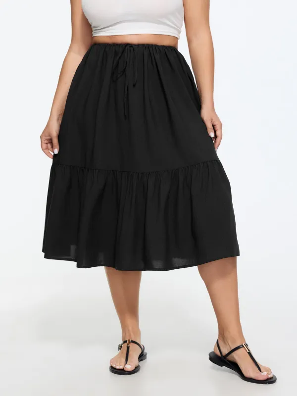 Adjustable Drawstring Waist Plain Tiered Flowy Midi Skirt made by Bloomchic