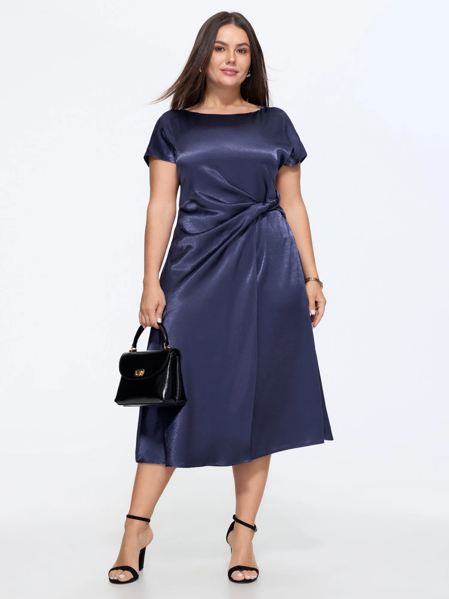 Sleek Satin Draped Waist Midi Dress sold by Bloomchic