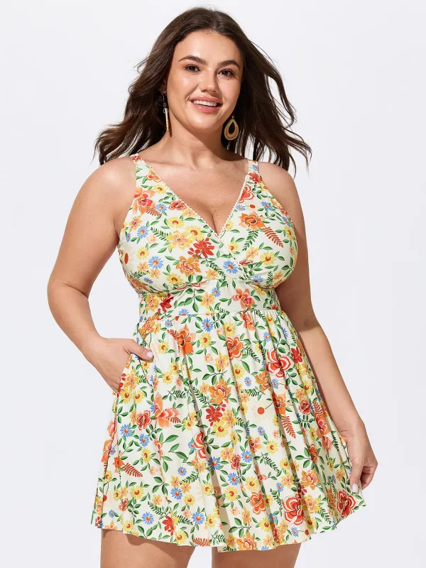 Floral Print Pockets Sleeveless Swim Dress made by Bloomchic