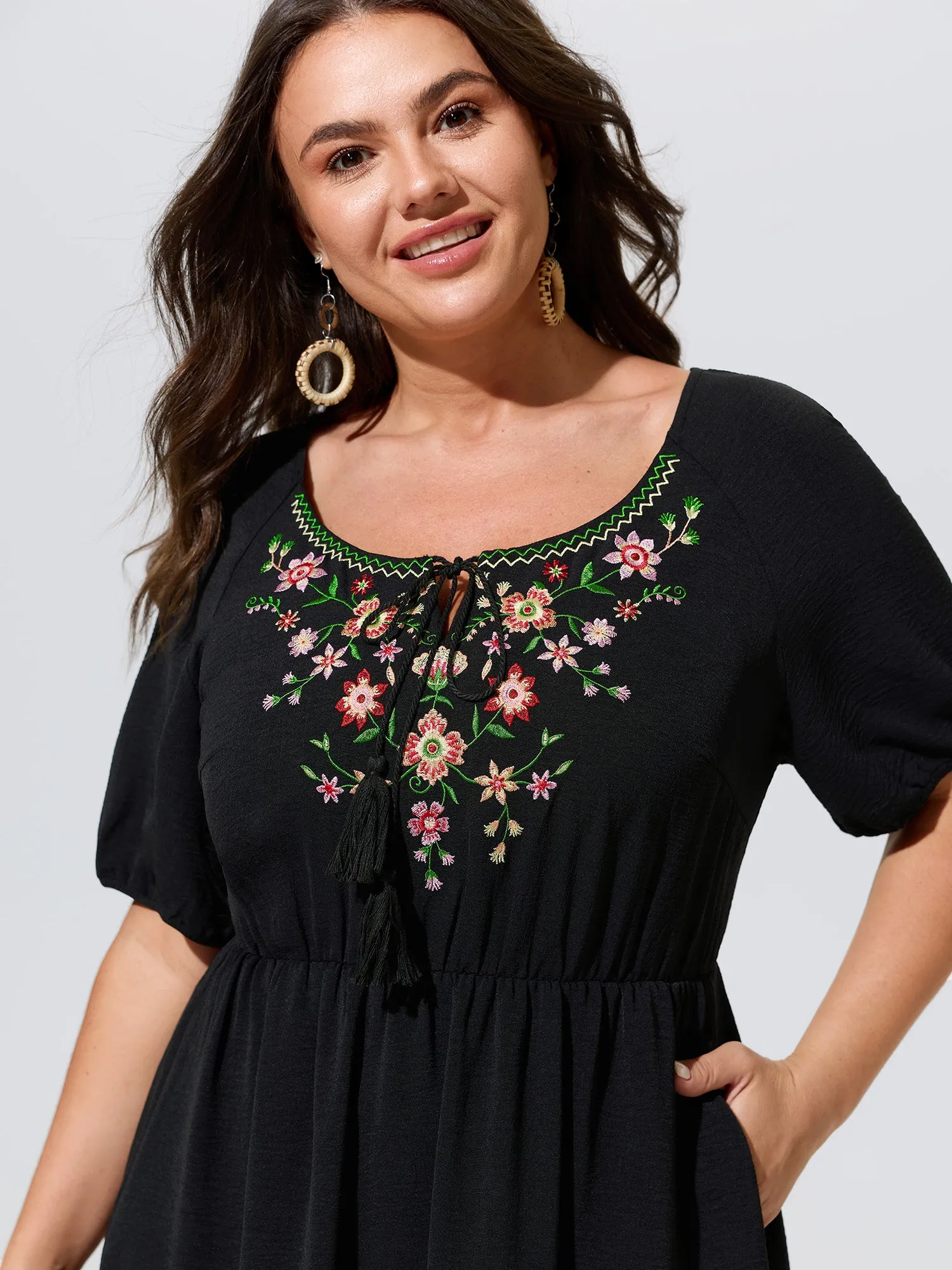 Floral Embroidered Neckline Tiered Mini Dress sold by Bloomchic product image thumbnail 2