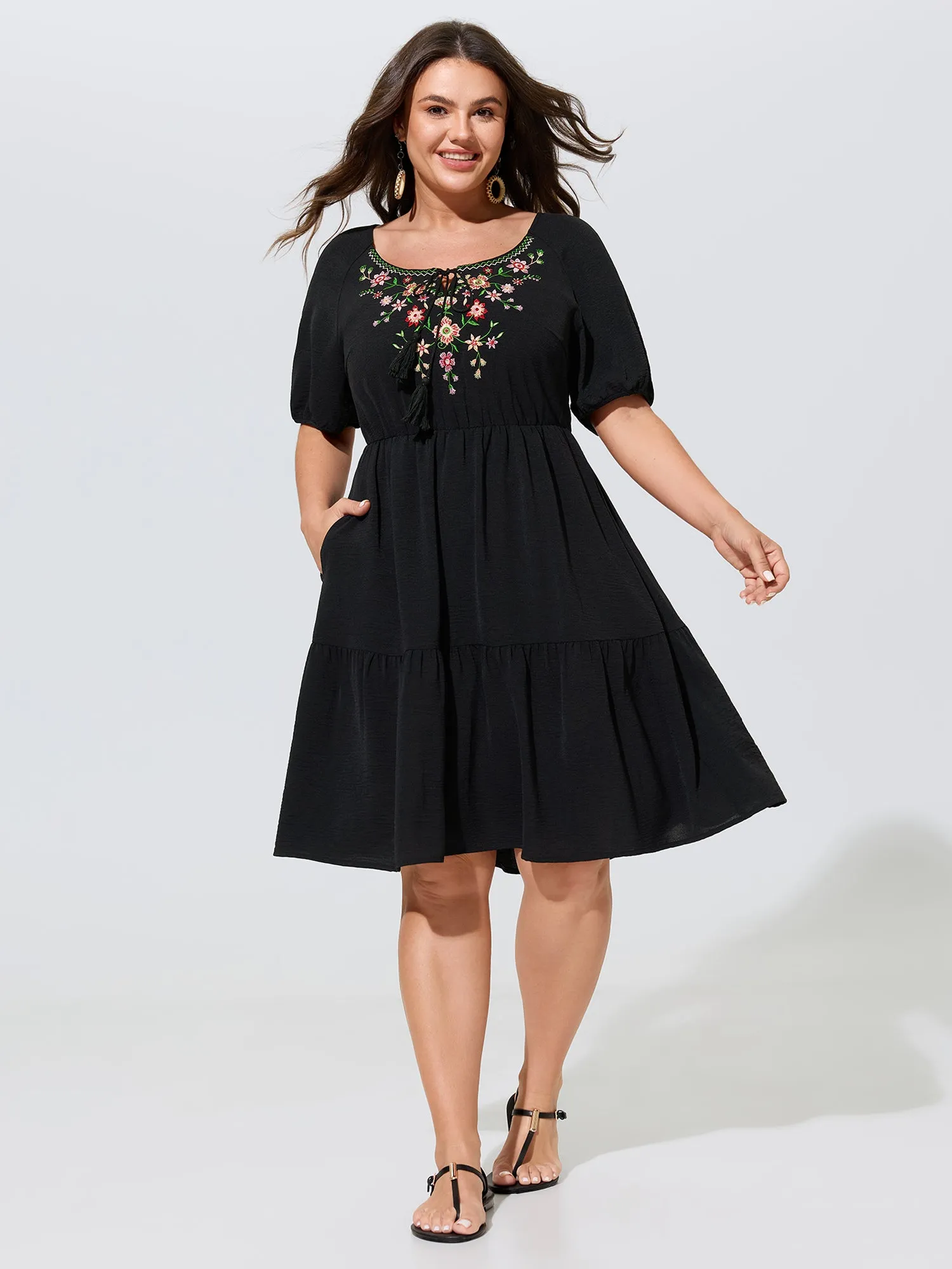 Floral Embroidered Neckline Tiered Mini Dress sold by Bloomchic product image thumbnail 3