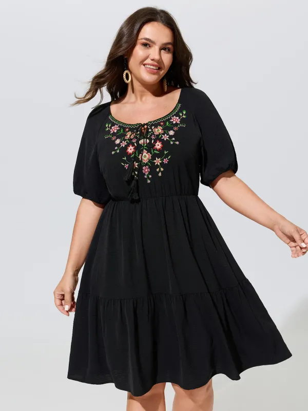 Floral Embroidered Neckline Tiered Mini Dress made by Bloomchic