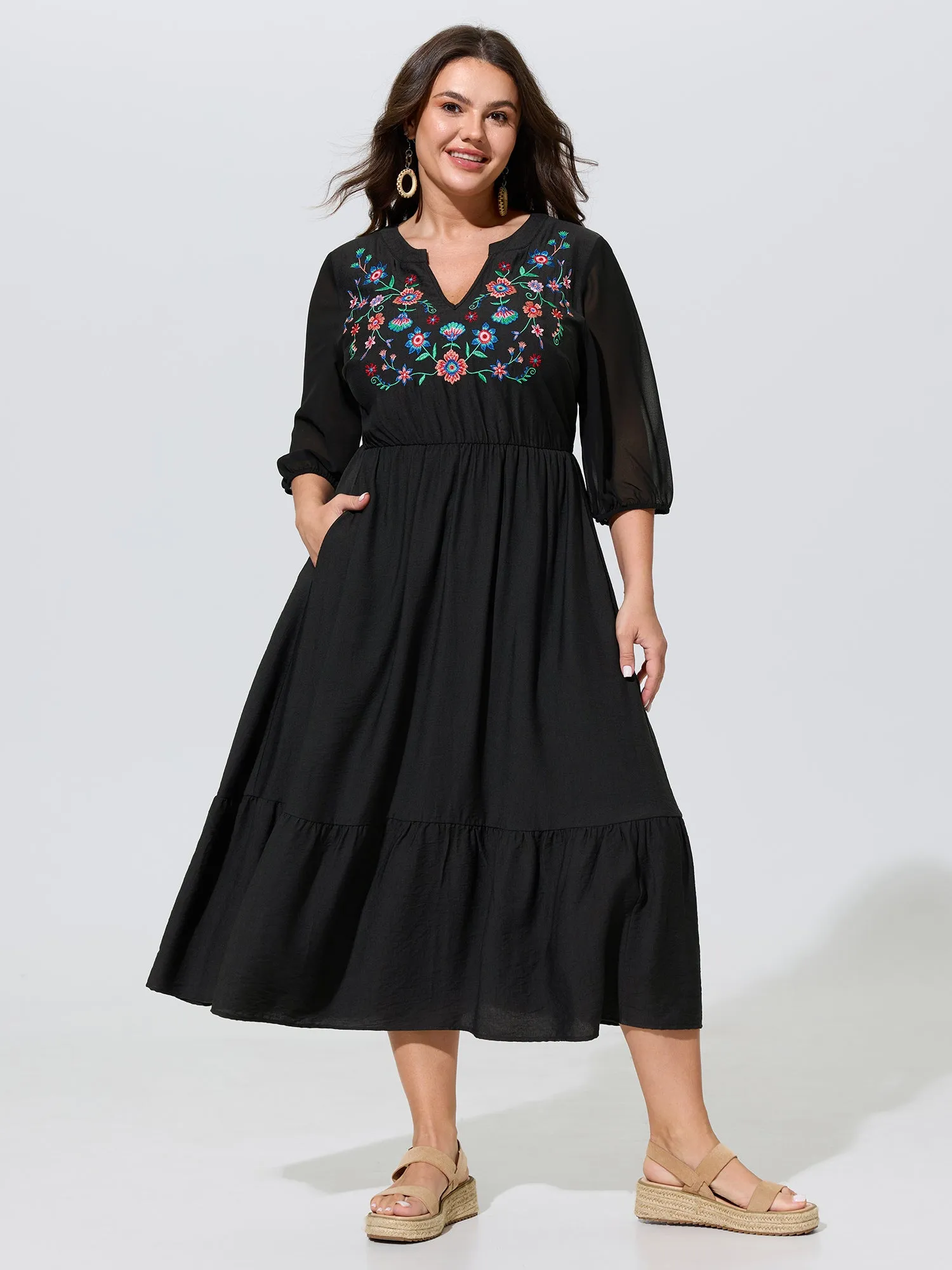 Breathable Floral Embroidered Neckline Midi Dress sold by Bloomchic
