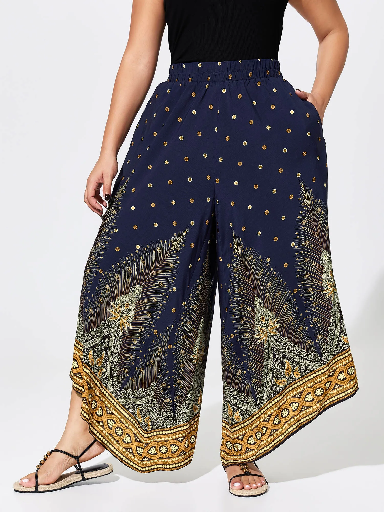 Boho Print Wide-Leg Color Contrast Pants sold by Bloomchic