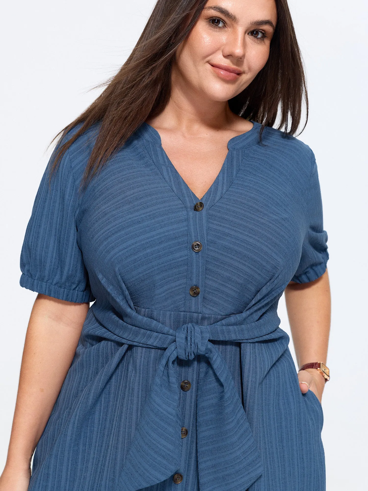 Knotted Front Textured Button Mini Dress sold by Bloomchic product image thumbnail 2
