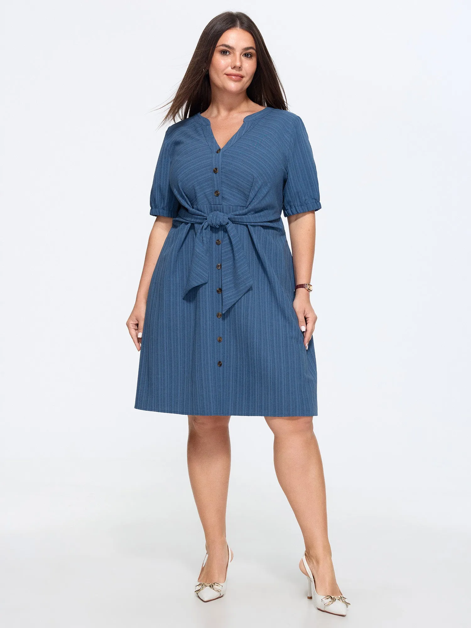 Knotted Front Textured Button Mini Dress sold by Bloomchic product image thumbnail 3
