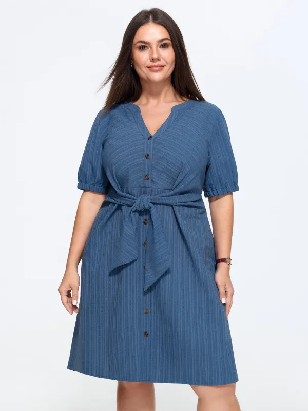 Knotted Front Textured Button Mini Dress made by Bloomchic