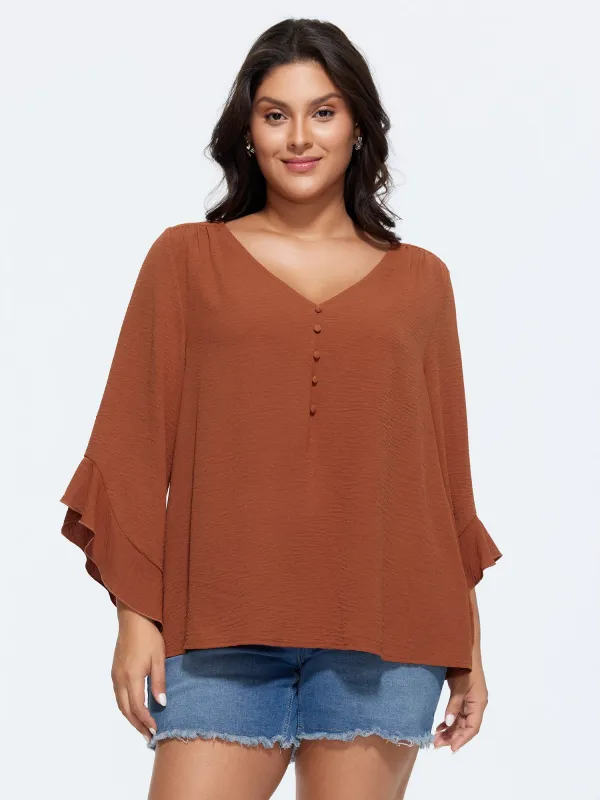 Ruffled Flared Sleeve Plain Blouse made by Bloomchic