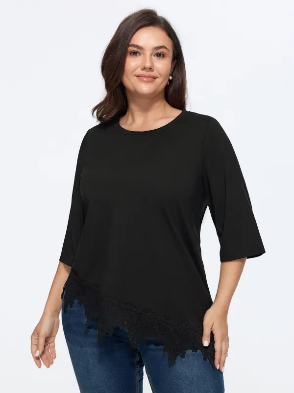 Cotton Stretchy Lace Trim Long Length T-Shirt made by Bloomchic