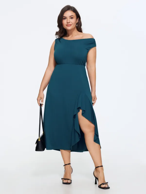 Stretchy One-Shoulder Asymmetrical Hem Midi Dress made by Bloomchic