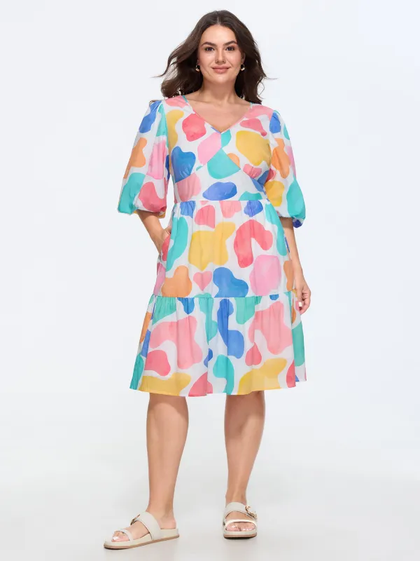 Cotton Watercolor Abstract Print Tiered Mini Dress made by Bloomchic