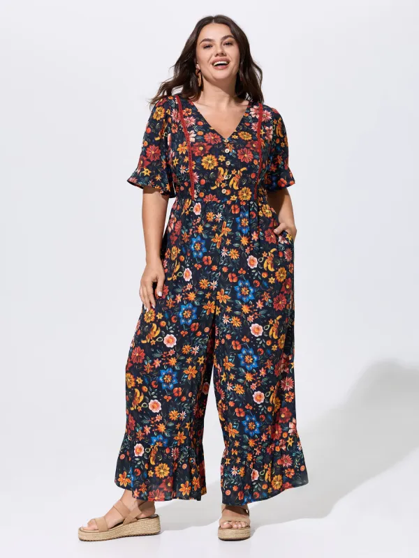 Floral Ruffle V Neck Wide Leg Jumpsuit made by Bloomchic