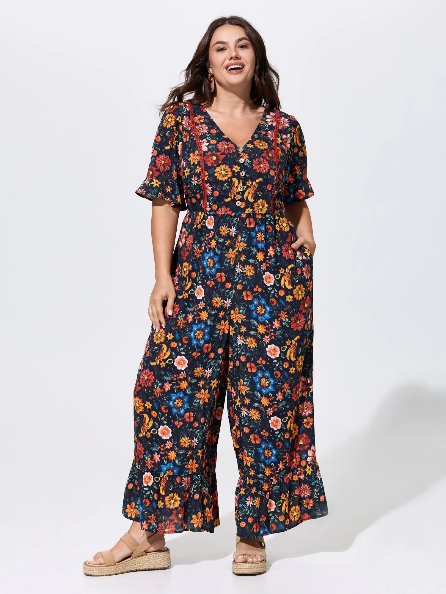 Floral Ruffle V Neck Wide Leg Jumpsuit sold by Bloomchic