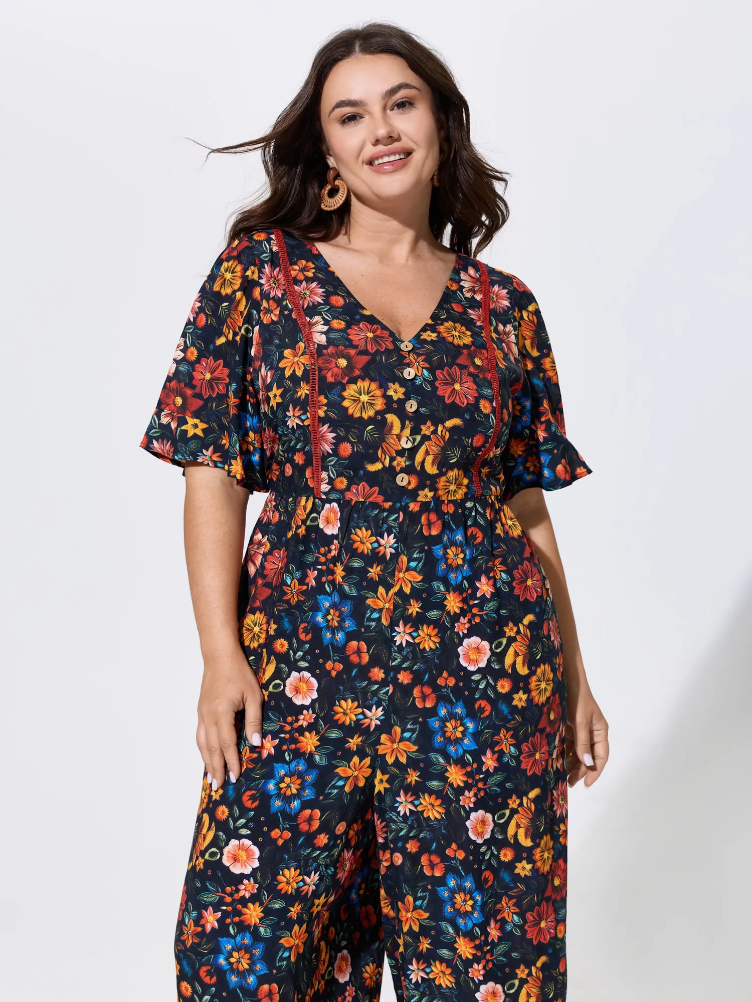 Floral Ruffle V Neck Wide Leg Jumpsuit sold by Bloomchic product image thumbnail 3
