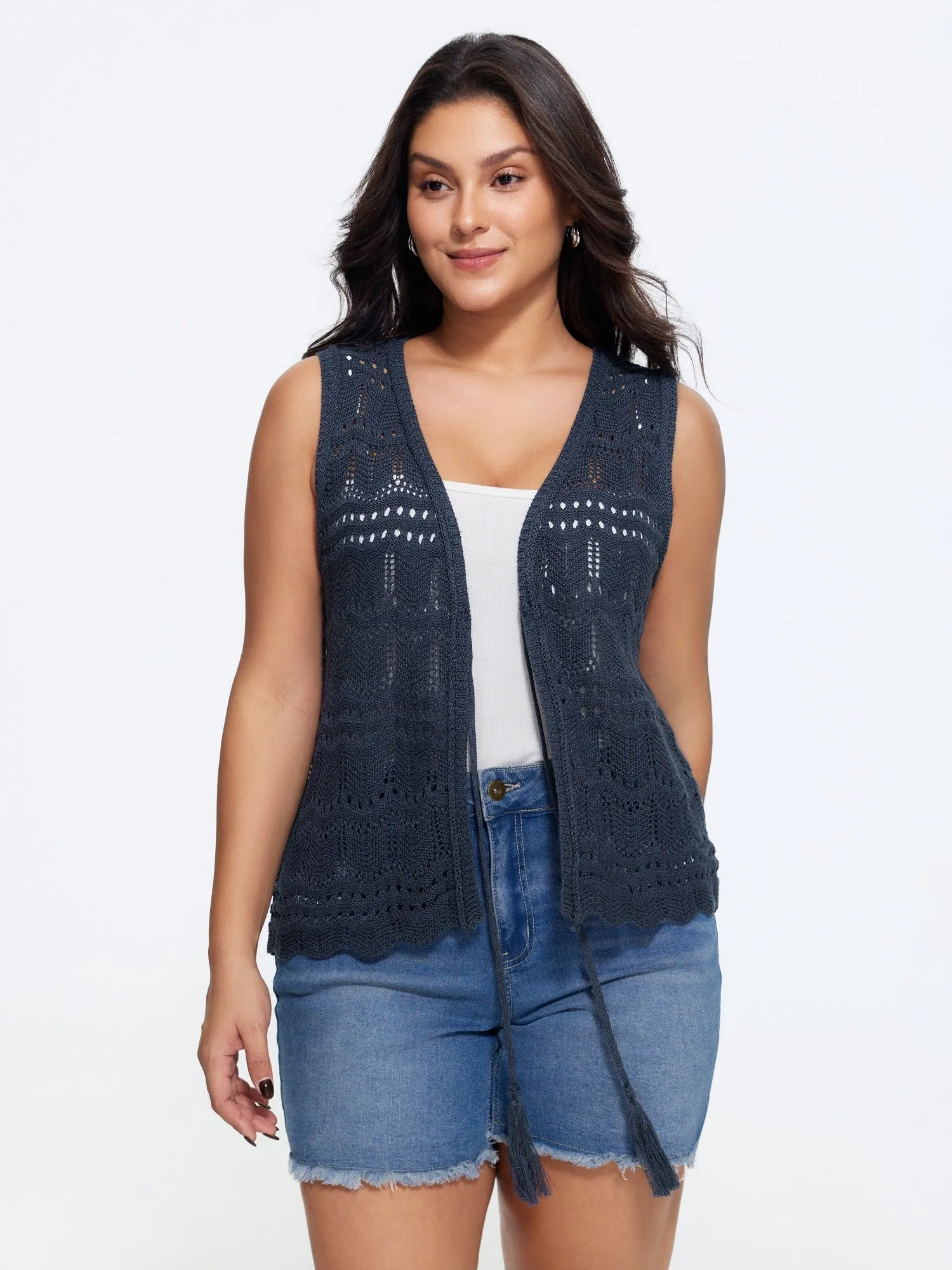 Hollow Out Scalloped Hem Front Tie Sweater Vest sold by Bloomchic product image thumbnail 5