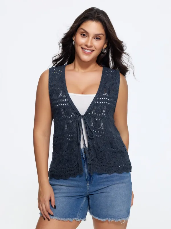 Hollow Out Scalloped Hem Front Tie Sweater Vest made by Bloomchic