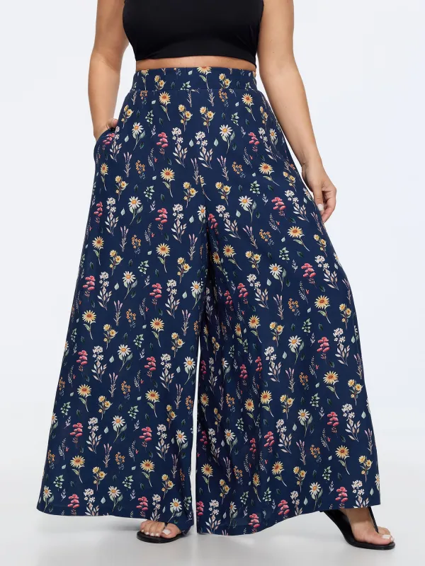 Ditsy Floral Print Stretchy Waist Wide Leg Pants made by Bloomchic