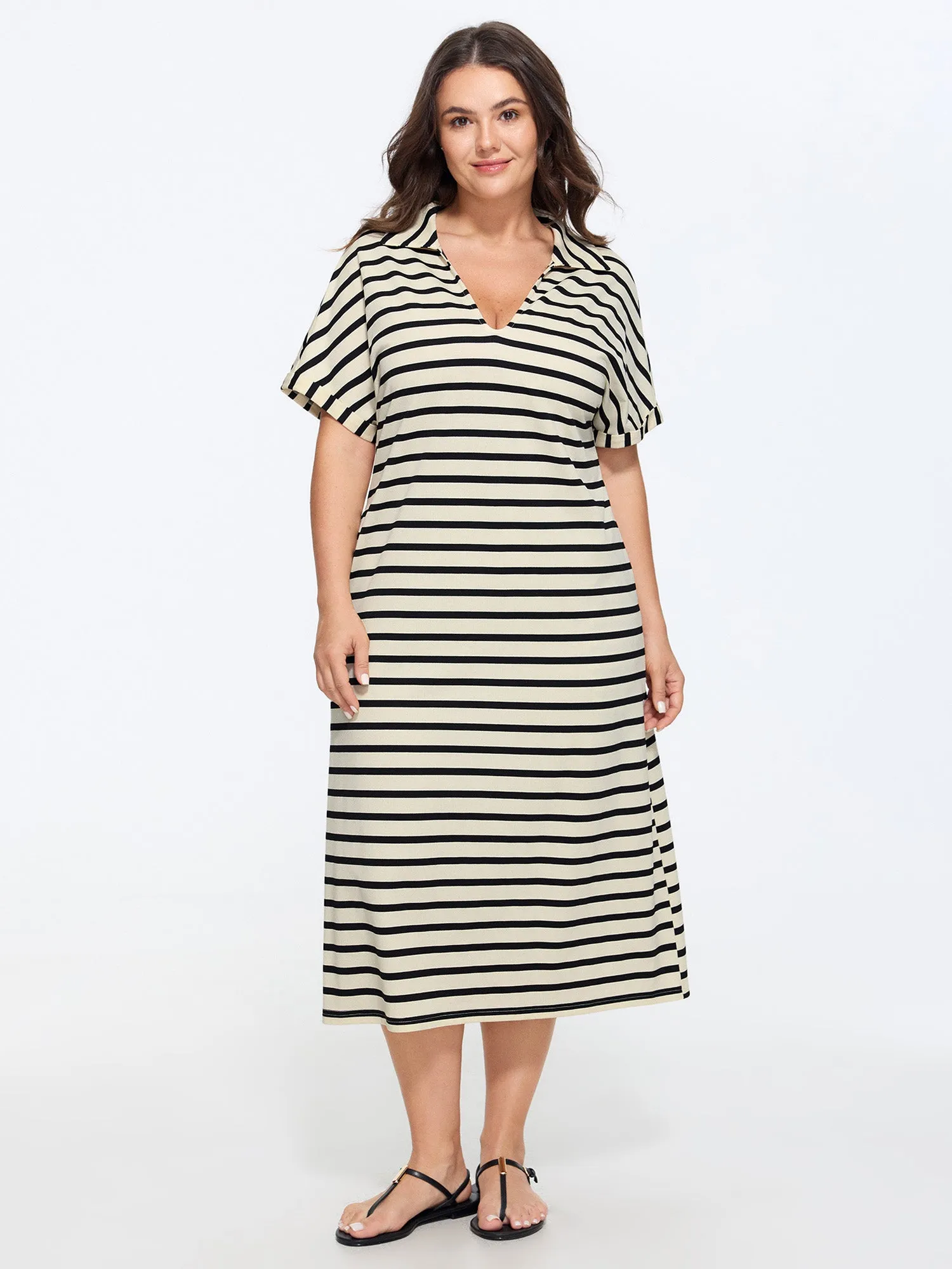 Stretchy Striped Print Collared Midi Dress sold by Bloomchic