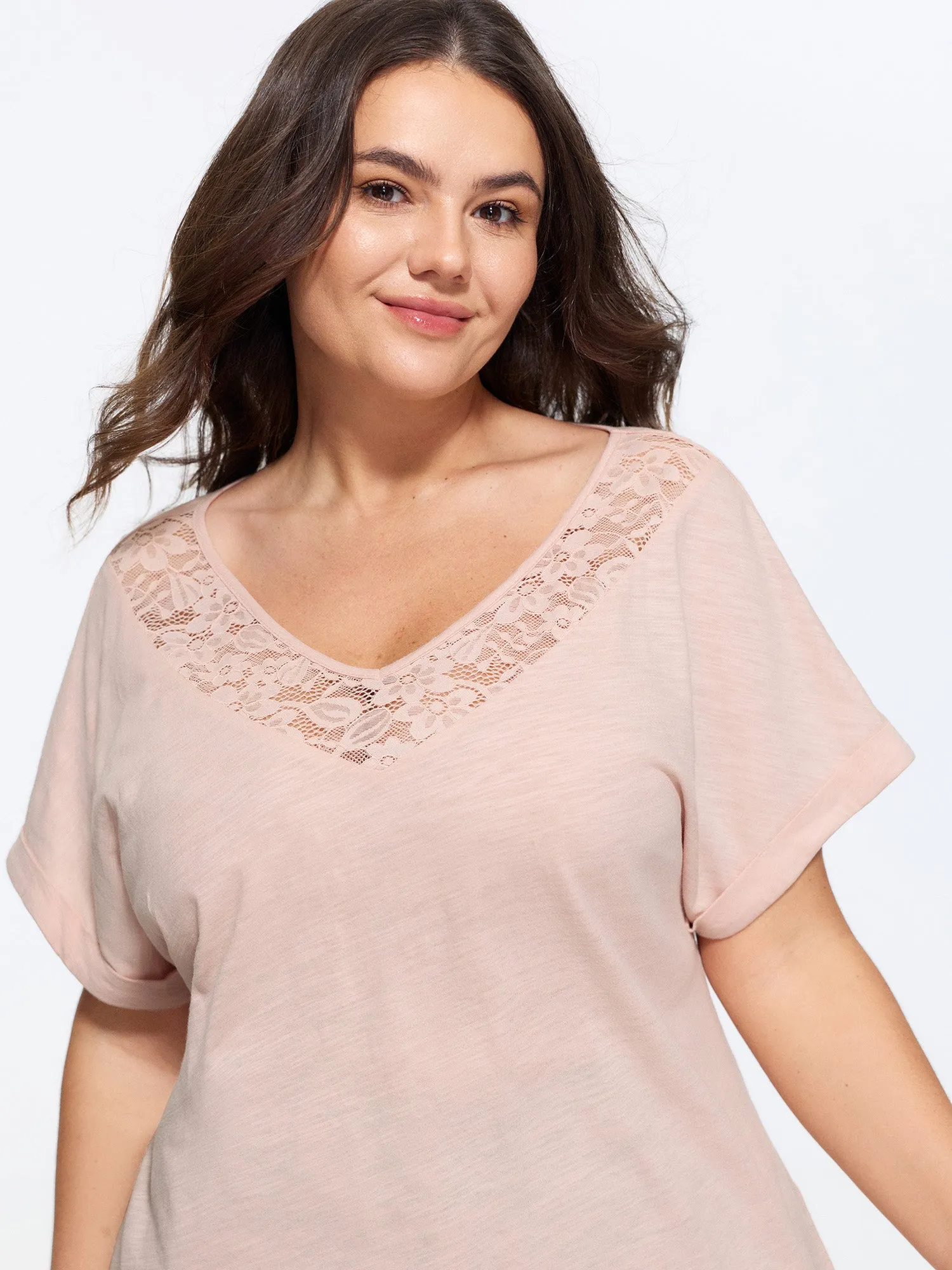 Cotton Lace Neckline Casual Plain T-Shirt sold by Bloomchic
