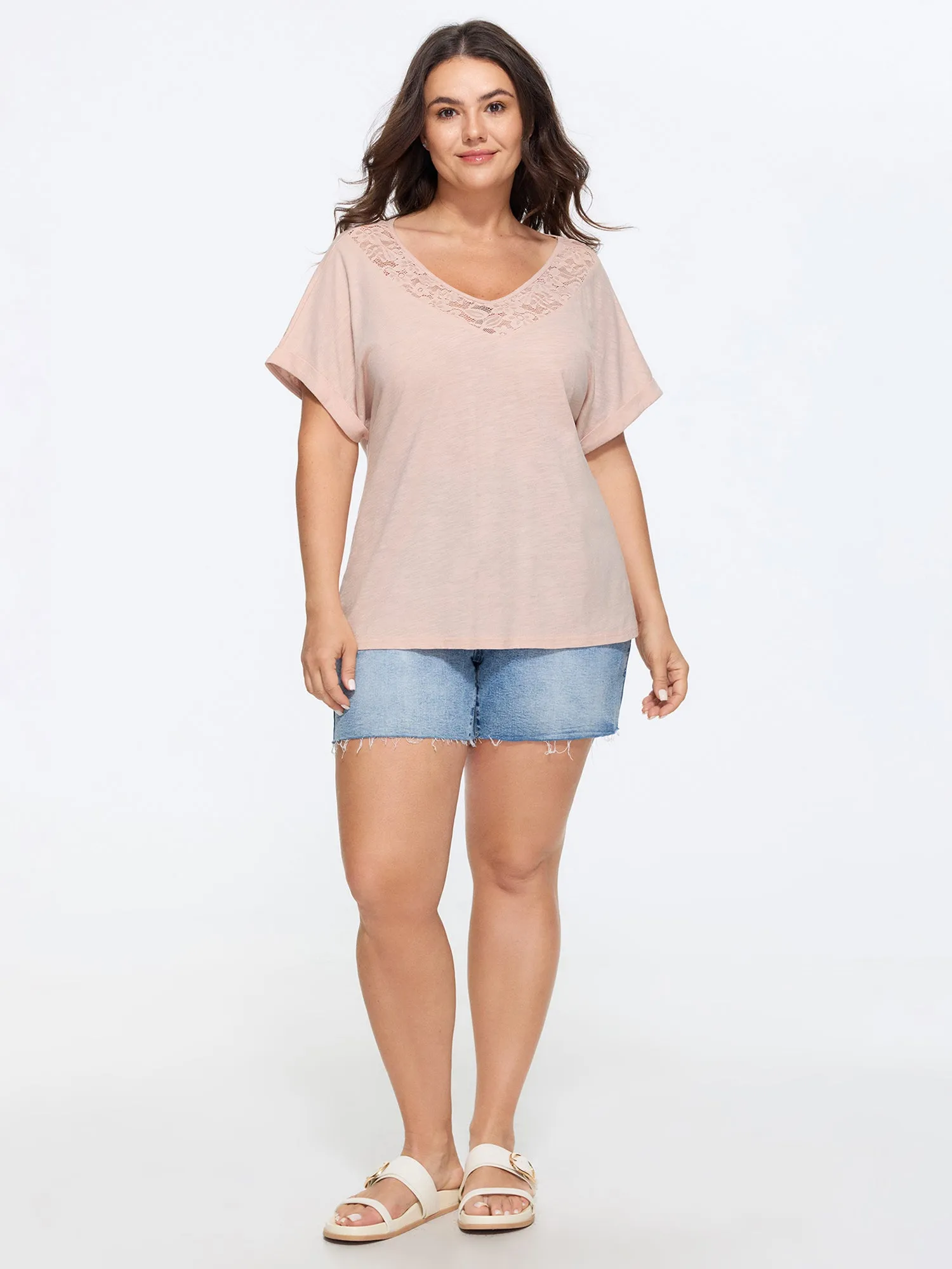 Cotton Lace Neckline Casual Plain T-Shirt sold by Bloomchic product image thumbnail 3
