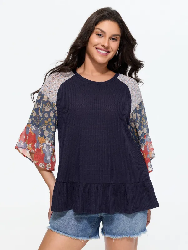 Floral Patchwork Print Waffle Knit T-Shirt made by Bloomchic