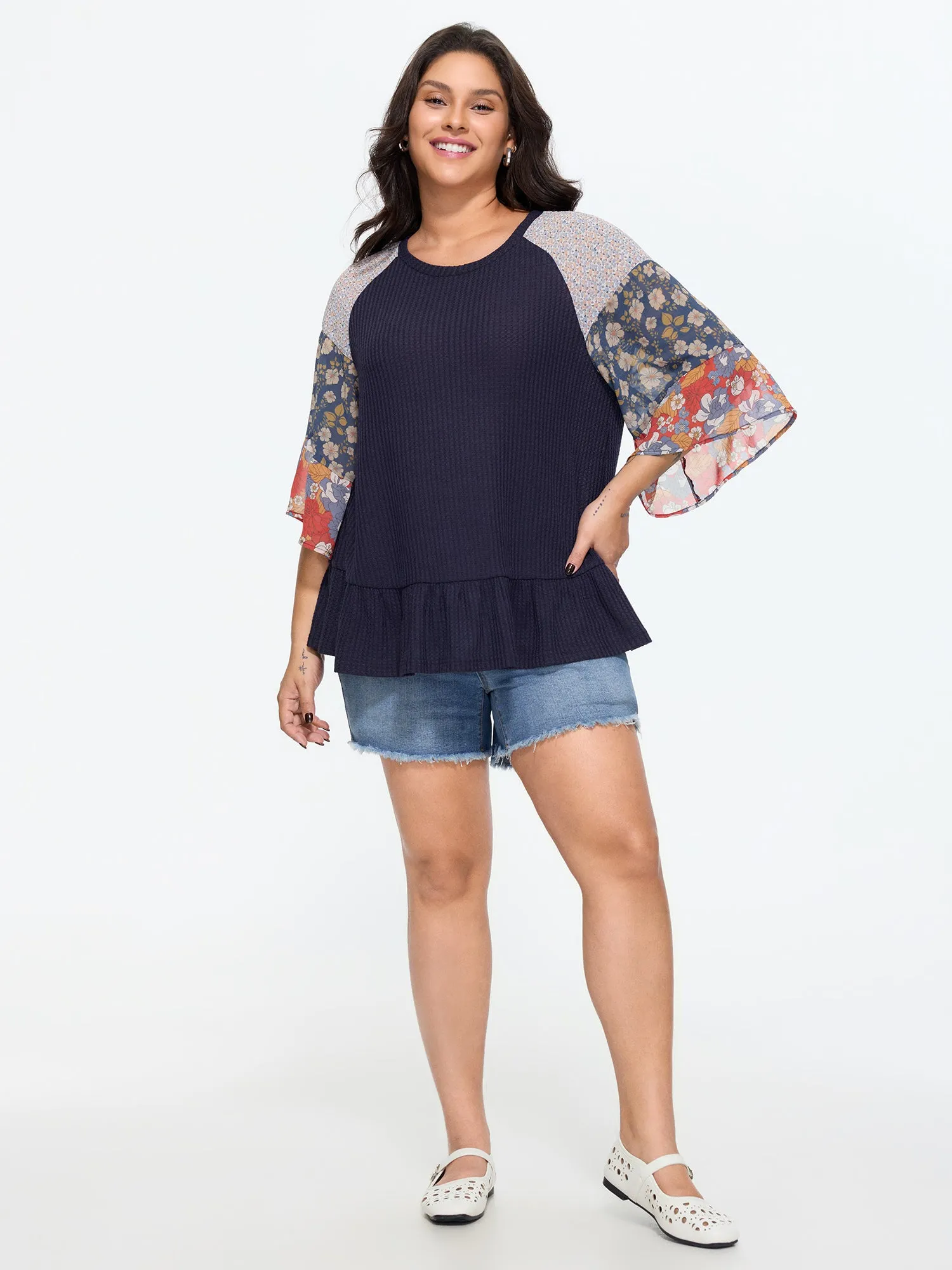 Floral Patchwork Print Waffle Knit T-Shirt sold by Bloomchic product image thumbnail 3
