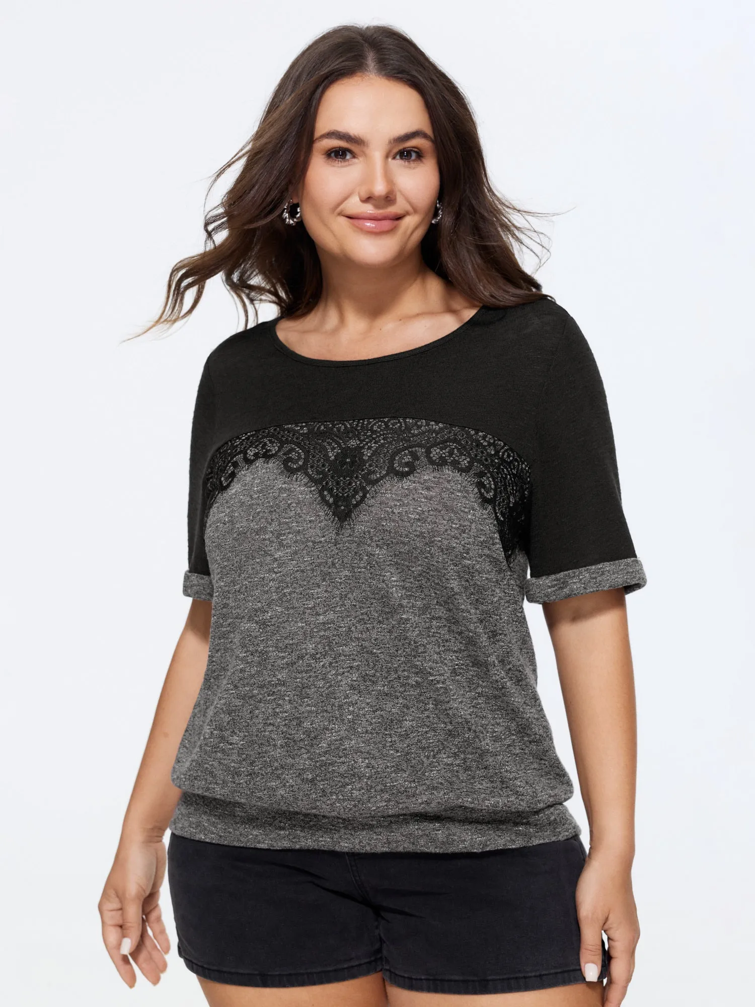 Color Block Lace Panel T-Shirt sold by Bloomchic