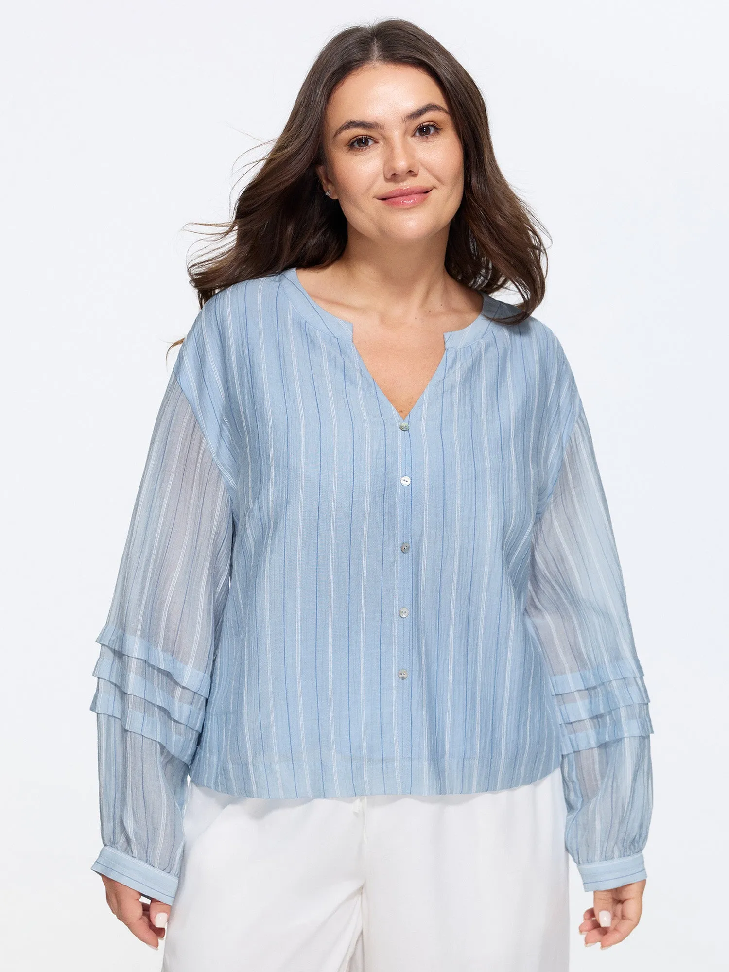 Sheer Striped Print Pleated Sleeve Blouse sold by Bloomchic